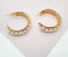 Load image into Gallery viewer, 18k Gold filled Hoop Earrings Featuring A Wire Wrap of Pearls Around The Hoop
