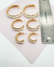 Load image into Gallery viewer, 18k Gold filled Hoop Earrings Featuring A Wire Wrap of Pearls Around The Hoop
