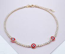 Load image into Gallery viewer, 18k Gold Filled Evil Eye Anklet Featuring Cubic Zirconia Chain
