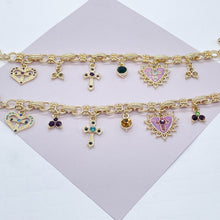 Load image into Gallery viewer, 18k Gold Filled Protection Bracelet Featuring Enamel Charms, Cross, Purple
