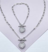 Load image into Gallery viewer, 18k Gold Filled Paper Clip Chain Bracelet Necklace: Pave Cubic Zirconia Heart
