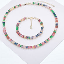 Load image into Gallery viewer, 18k Gold Filled Choker Necklace And Bracelet Set With Colorful Baguette Cubic
