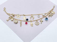 Load image into Gallery viewer, 18k Gold Filled Luck Charms Bracelet Protection, Good Luck, Money Prosperity Featuring Evil Eyes, &quot;Figa&quot;, Clover, Crystals, Guadalupe

