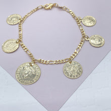 Load image into Gallery viewer, 18k Gold Filled Coin Charm Bracelet: Figaro Link Medallion Pendants
