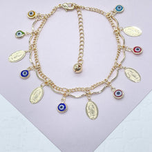 Load image into Gallery viewer, 18k Gold Filled Guadalupe &amp; Evil Eye Charm Bracelet
