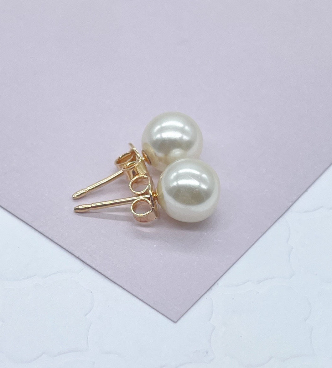 18k Gold Filled Plain Simulated Pearl Stud Earrings Available In Sizes 8mm, 10mm, 12mm And Jewelry Making Supplies
