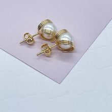 Load image into Gallery viewer, 18k Gold Filled Pearl Stud Side Wrapped By Gold Wire Hoop Detail, Small And Medium Size Available,
