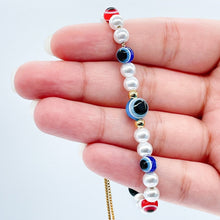 Load image into Gallery viewer, 18k Gold Filled Evil Eye &amp; Pearl Adjustable Bracelet Featuring Slide Clasp
