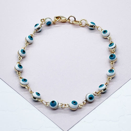18k Gold Filled 16 Small Blue Evil Eye Connected Bracelet Hypoallergenic