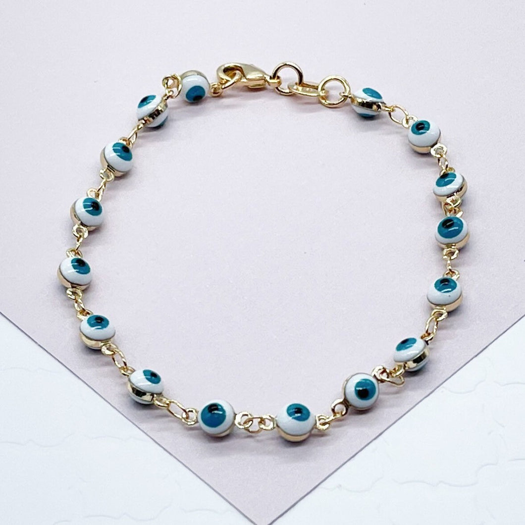 18k Gold Filled 16 Small Blue Evil Eye Connected Bracelet Hypoallergenic