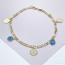 Load image into Gallery viewer, 18k Gold Filled Evil Eyes And Lucky Clover Leaves Anklet In A Figaro Chain
