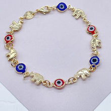 Load image into Gallery viewer, 18k Gold Filled Elephant and Evil Eye Bracelet Featuring Red And Blue Evil
