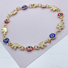 Load image into Gallery viewer, 18k Gold Filled Elephant and Evil Eye Bracelet Featuring Red And Blue Evil
