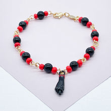 Load image into Gallery viewer, 18k Gold Filled Figa Hand Bracelet: Black &amp; Red Bead Protection
