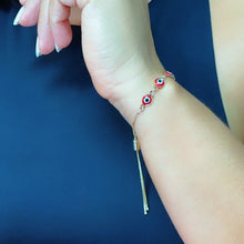 Load image into Gallery viewer, 18k Gold Filled Adjustable Evil Eye Bracelet Featuring Slide Clasp Hypoallergenic Jewelry
