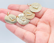 Load image into Gallery viewer, 18k Gold Filled Round Initial Charm with Micro Pave Zirconia Letters For
