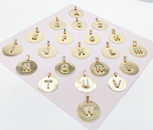 Load image into Gallery viewer, 18k Gold Filled Round Initial Charm with Micro Pave Zirconia Letters For
