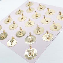 Load image into Gallery viewer, 18k Gold Filled Round Initial Charm with Micro Pave Zirconia Letters For
