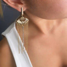 Load image into Gallery viewer, 18k Gold Filled Chandelier Earrings: Long Chain &amp; Cubic Zirconia
