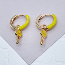 Load image into Gallery viewer, 18k Gold Filled, Colorful Earrings with Dangling Key Clicker Colored Hoops Summer Jewelry , Enamel Earrings
