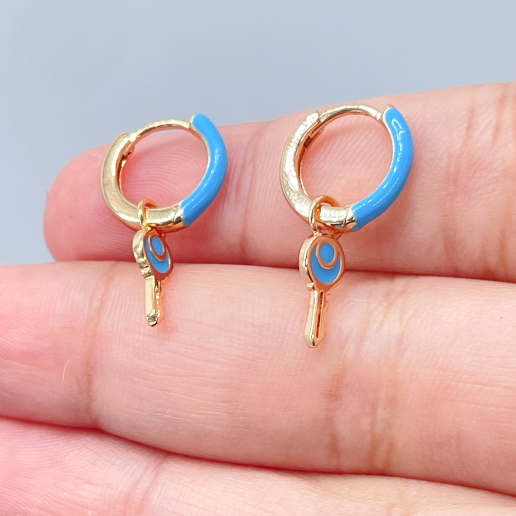 18k Gold Filled, Colorful Earrings with Dangling Key Clicker Colored Hoops Summer Jewelry , Enamel Earrings