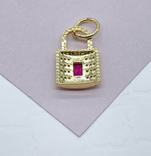 Load image into Gallery viewer, 18k Gold Filled Lock Charm: Micro Pave Cubic Zirconia, Synthetic Ruby Pendant
