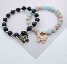 Load image into Gallery viewer, 18k Gold Filled Bead Bracelet: Natural Stone &amp; Butterfly Charm
