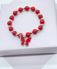 Load image into Gallery viewer, 18k Gold Filled Bead Bracelet: Natural Stone &amp; Butterfly Charm

