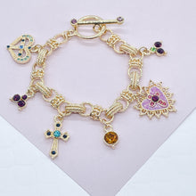 Load image into Gallery viewer, 18k Gold Filled Protection Bracelet Featuring Enamel Charms, Cross, Purple
