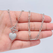 Load image into Gallery viewer, 18k Gold Filled Paper Clip Chain Bracelet Necklace: Pave Cubic Zirconia Heart
