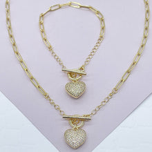 Load image into Gallery viewer, 18k Gold Filled Paper Clip Chain Bracelet Necklace: Pave Cubic Zirconia Heart
