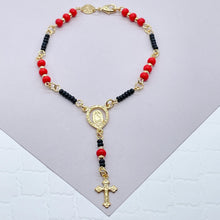 Load image into Gallery viewer, 18k Gold Filled Protection Beaded Rosary Bracelet Featuring Our Lady of Guadalupe With Crucifix Cross
