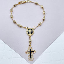Load image into Gallery viewer, 18k Gold Filled Rosary Bracelet with Baby Jesus Coin Medal Pendant And Black Enamel Cross
