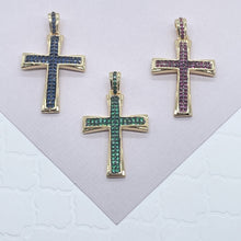 Load image into Gallery viewer, 18k Gold Filled Cross Pendant Charm: Colorful Cubic Zirconia, Religious Jewelry
