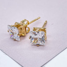 Load image into Gallery viewer, 18k Gold Filled 6mm Cubic Zirconia Square Stud Earrings, Princess Cut Square Studs,
