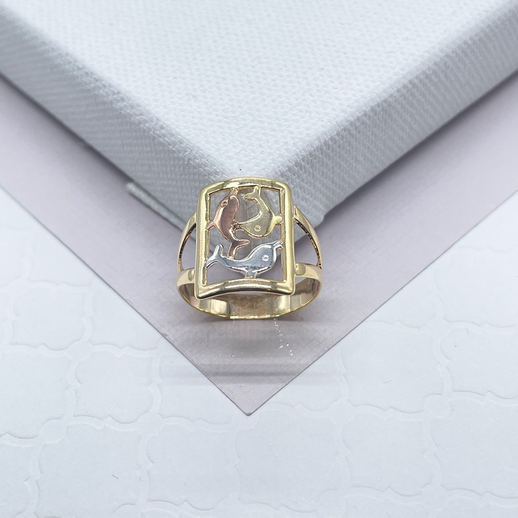 18k Gold Filled Ring With Tri-Colored Dolphins Hallowed Ring Tricolor Dolphins Jewelry