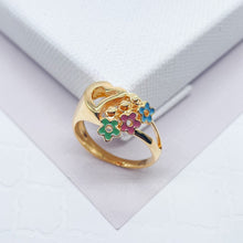 Load image into Gallery viewer, 18k Gold Filled Heart Ring With Mini Enamel Flowers Detail Charms Attached Jewelry
