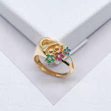 Load image into Gallery viewer, 18k Gold Filled Heart Ring With Mini Enamel Flowers Detail Charms Attached Jewelry
