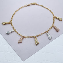 Load image into Gallery viewer, 18k Gold Filled Thin Figaro Anklet with Tri-Color &quot;Figa&quot;, Silver, Gold And
