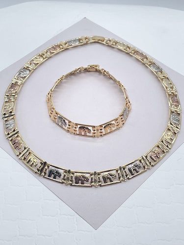18k Gold Filled Tri-Color Flat Elephant Set, Tricolor Hallowed Necklace