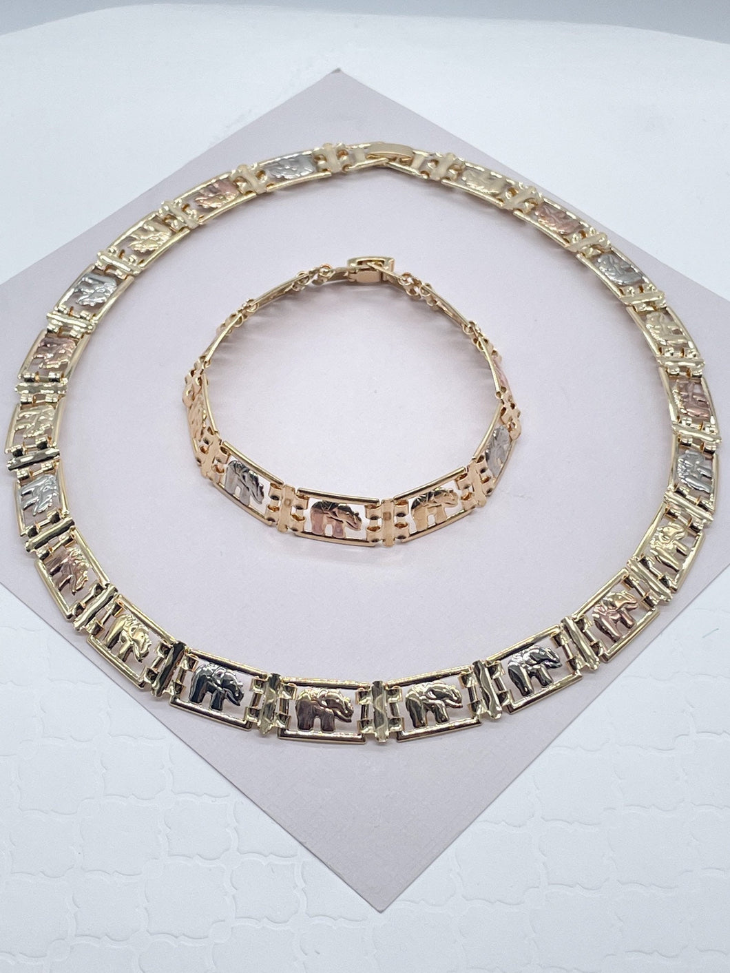 18k Gold Filled Tri-Color Flat Elephant Set, Tricolor Hallowed Necklace