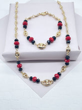 Load image into Gallery viewer, 18k Gold Filled Puffy Mariner Link, Simulated Azabache, Red Shiny Bead Set, Protection Jewelry,
