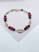 Load image into Gallery viewer, 18k Gold Filled Puffy Mariner Link, Simulated Azabache, Red Shiny Bead Set, Protection Jewelry,
