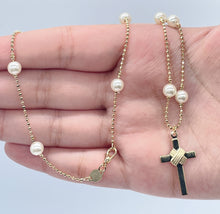 Load image into Gallery viewer, 18k Gold Filled Cream Pearl Rosary Style Necklace, Fashion Catholic Pearl Rosary
