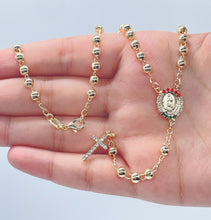 Load image into Gallery viewer, 18k Gold Filled Rosary Necklace: Guadalupe Medal, CZ Cross
