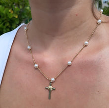 Load image into Gallery viewer, 18k Gold Filled Cream Pearl Rosary Style Necklace, Fashion Catholic Pearl Rosary
