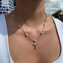 Load image into Gallery viewer, 18k Gold Filled Cream Pearl Rosary Style Necklace, Fashion Catholic Pearl Rosary

