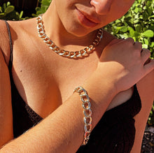 Load image into Gallery viewer, Chunky Hollowed 18k Gold Filled Double Rugged Link Light Set Necklace, Earrings and Bracelet,
