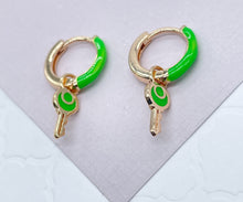 Load image into Gallery viewer, 18k Gold Filled, Colorful Earrings with Dangling Key Clicker Colored Hoops Summer Jewelry , Enamel Earrings
