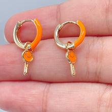 Load image into Gallery viewer, 18k Gold Filled, Colorful Earrings with Dangling Key Clicker Colored Hoops Summer Jewelry , Enamel Earrings
